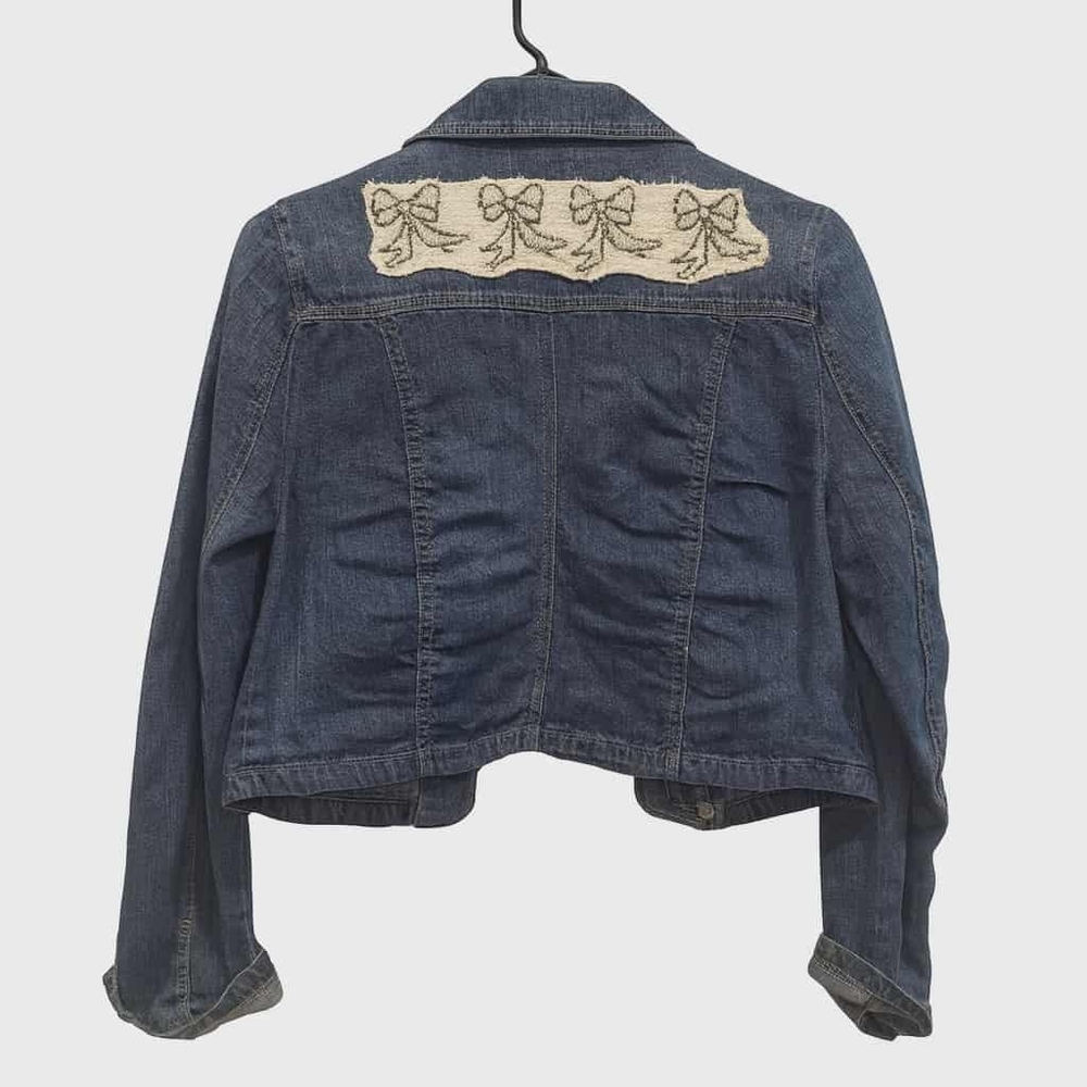Handmade Upcycled Denim Jacket – Bow Tapestry Blanket Accent 🎀✨